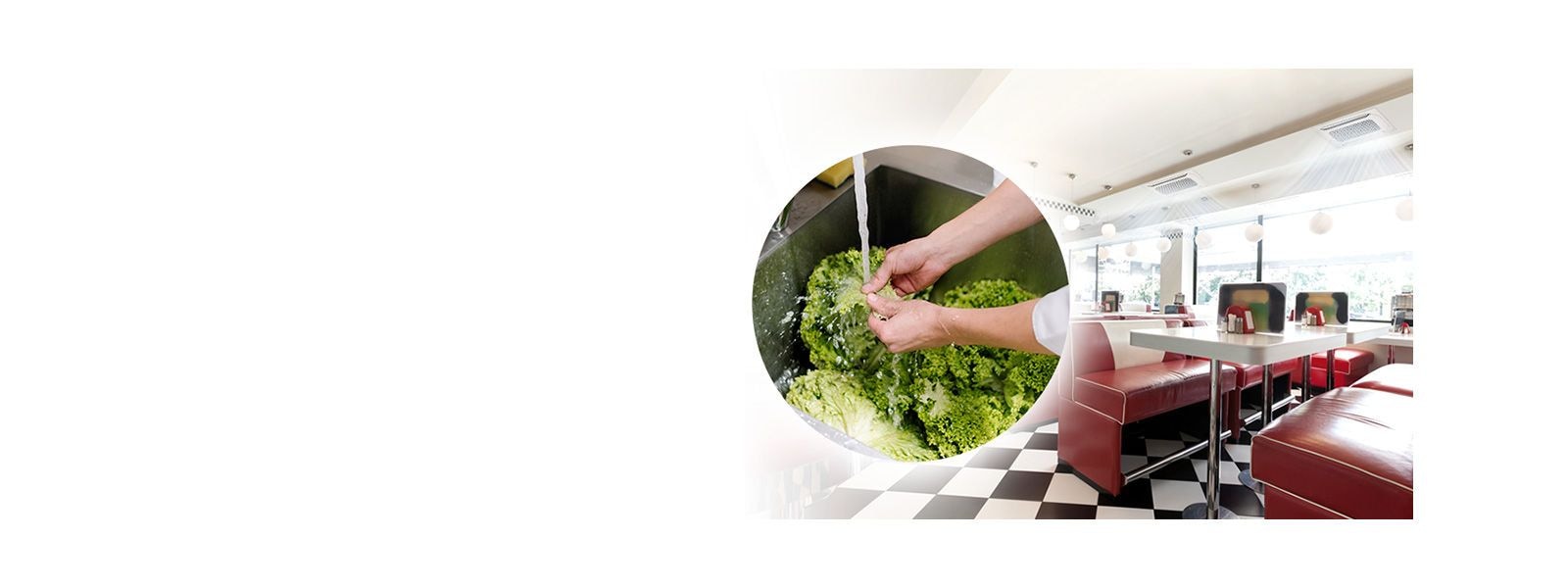 LG ceiling cassette units blowing air in a restaurant, with inset image of vegetables being washed.