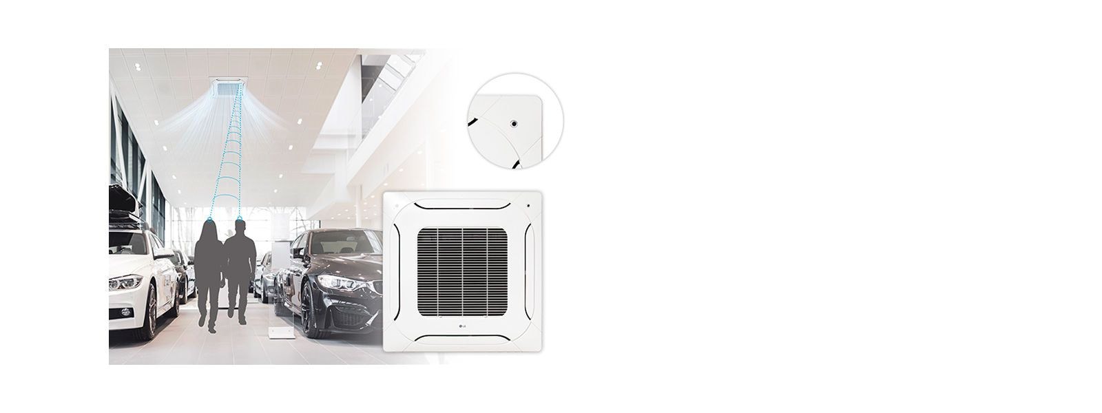 LG Smart 4-way cassette with sensor directs air to two people in a showroom, with a larger product image on the right.