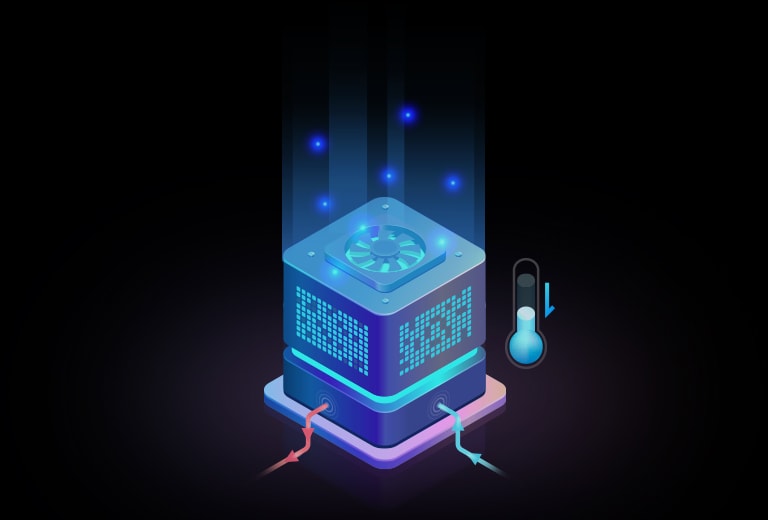 Illustration of an advanced cooling system showing thermal control and next-gen liquid cooling for data centers.