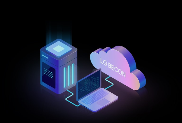 Illustration of LG BECON DC control system connected to cloud, streamlining data center cooling operations.
