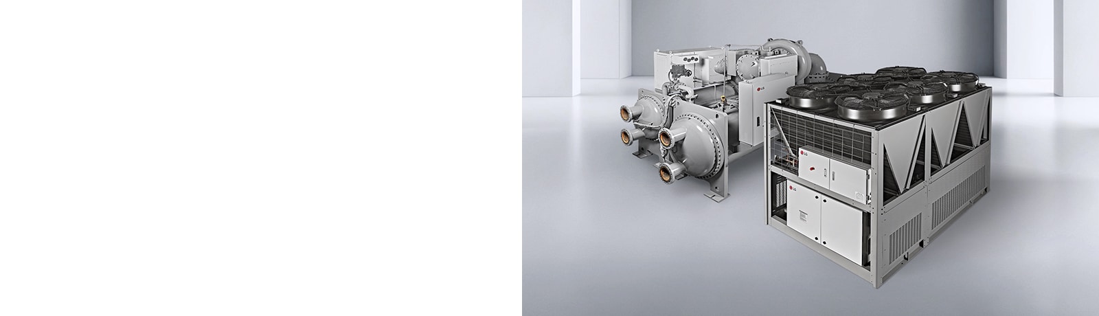 Two types of LG chillers—oil-free centrifugal chiller and air-cooled screw chiller—installed in a clean, indoor environment.