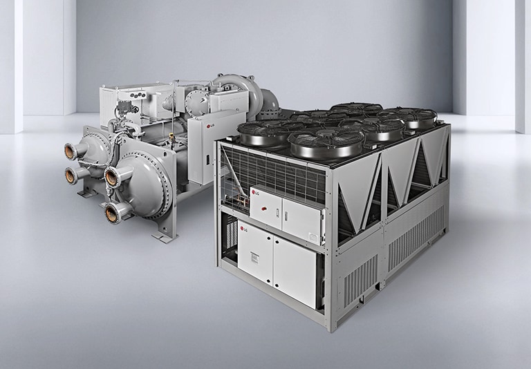 Two types of LG chillers—oil-free centrifugal chiller and air-cooled screw chiller—installed in a clean, indoor environment.