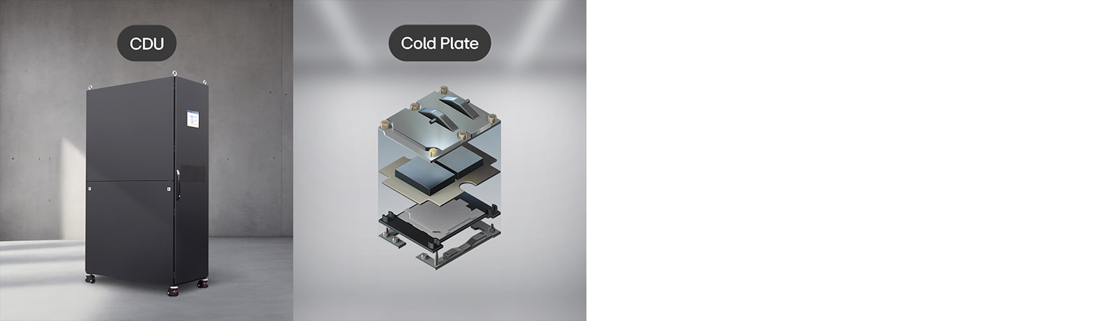 LG CDU unit and exploded cold plate system, illustrating advanced cooling for high-performance chips. 