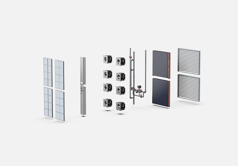 Exploded view of LG’s CRAH (FWU) unit showing modular components including fan blades, filters, and coils.