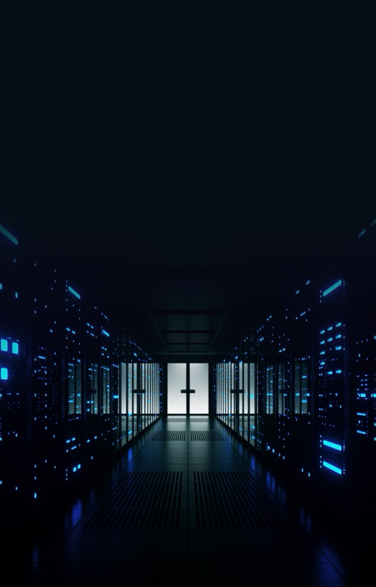 A modern, dark-lit data center corridor with rows of glowing server racks, highlighting LG’s data center cooling solutions.