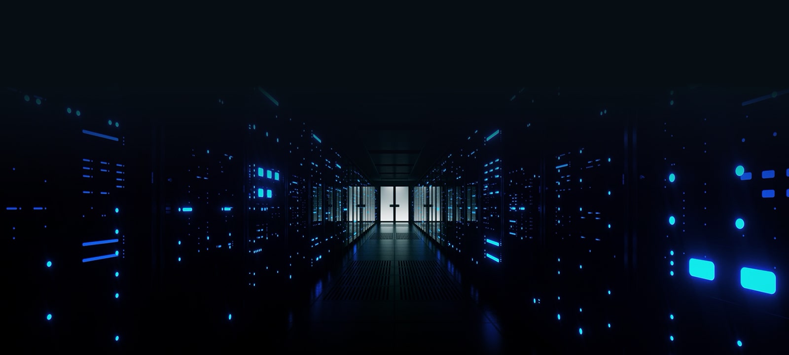 A modern, dark-lit data center corridor with rows of glowing server racks, highlighting LG’s data center cooling solutions.