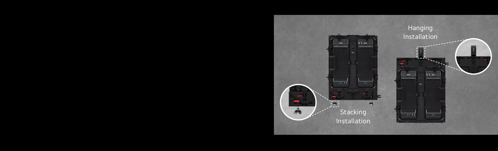 The part where the cabinet can be installed either as stacking or hanging is enlarged and shown.