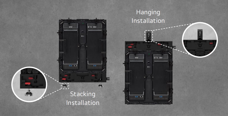 The part where the cabinet can be installed either as stacking or hanging is enlarged and shown.