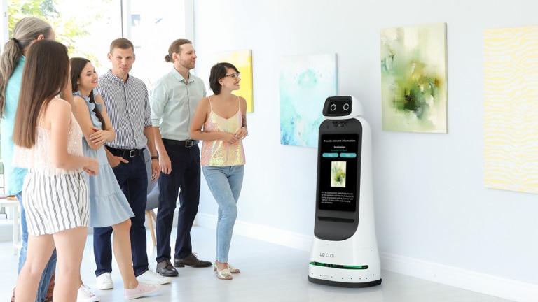 The Guidebot conveniently guides visitors to artworks, play related audio-visual commentary, and provides suitable screen and voice interaction in response to additional questions from visitor