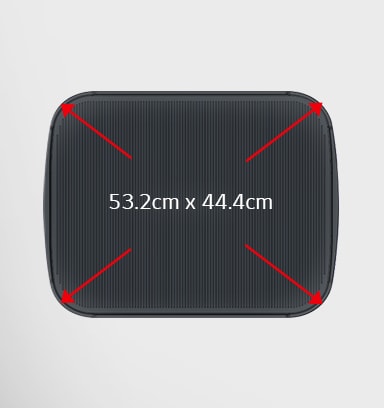 Extended tray size : 53.2cm x 44.4cm.