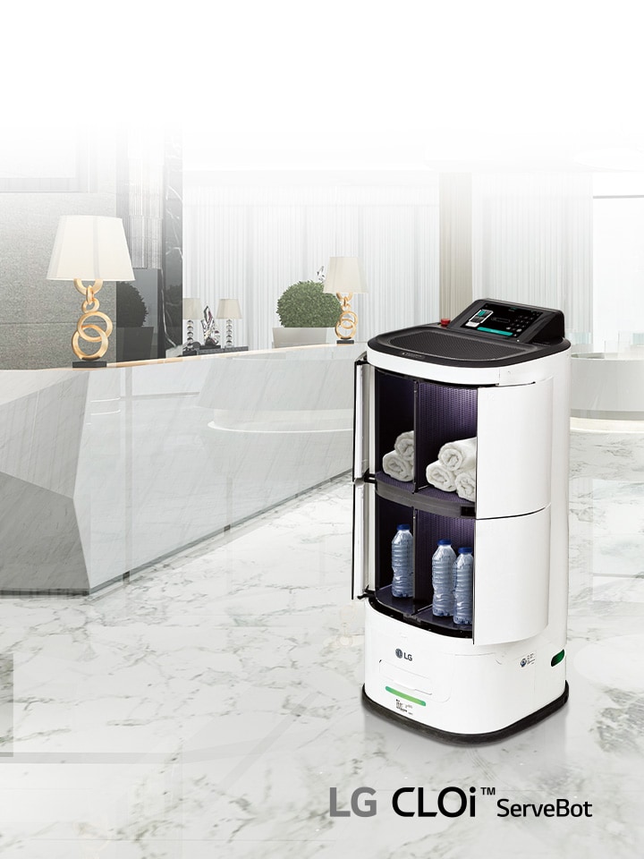 Image of LG CLOi ServeBot in a hotel lobby.	