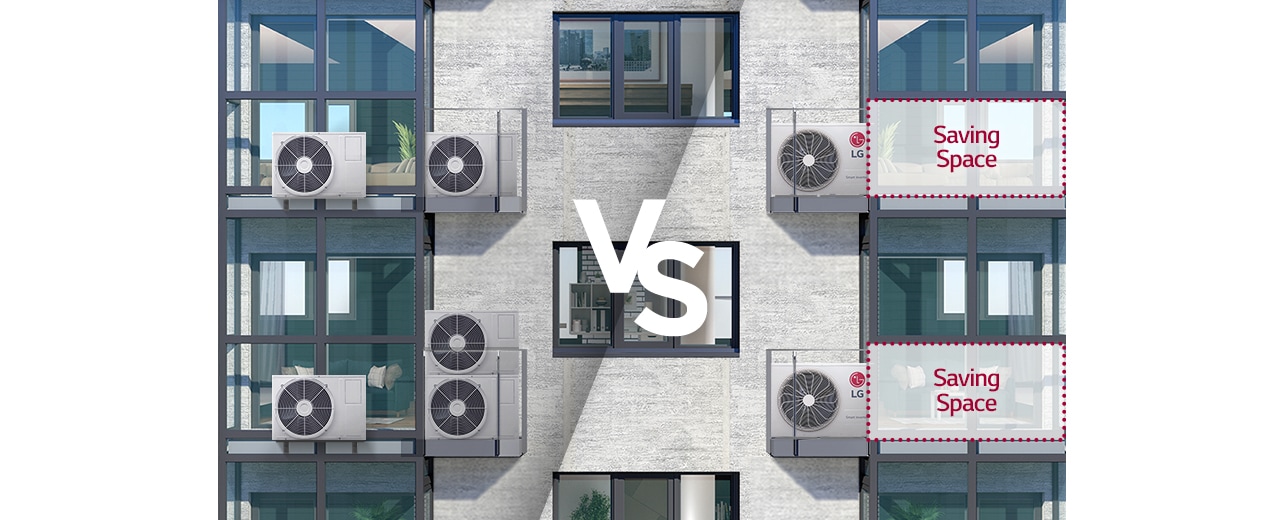 Left: Outdoor units taking up lots of balcony space  Right: LG Multi Split outdoor unit taking up less space than conventional units
