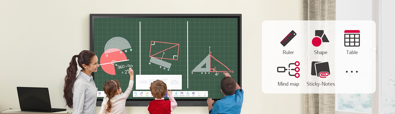 Os alunos estão resolvendo problemas usando vários modelos de régua no menu LG CreateBoard.