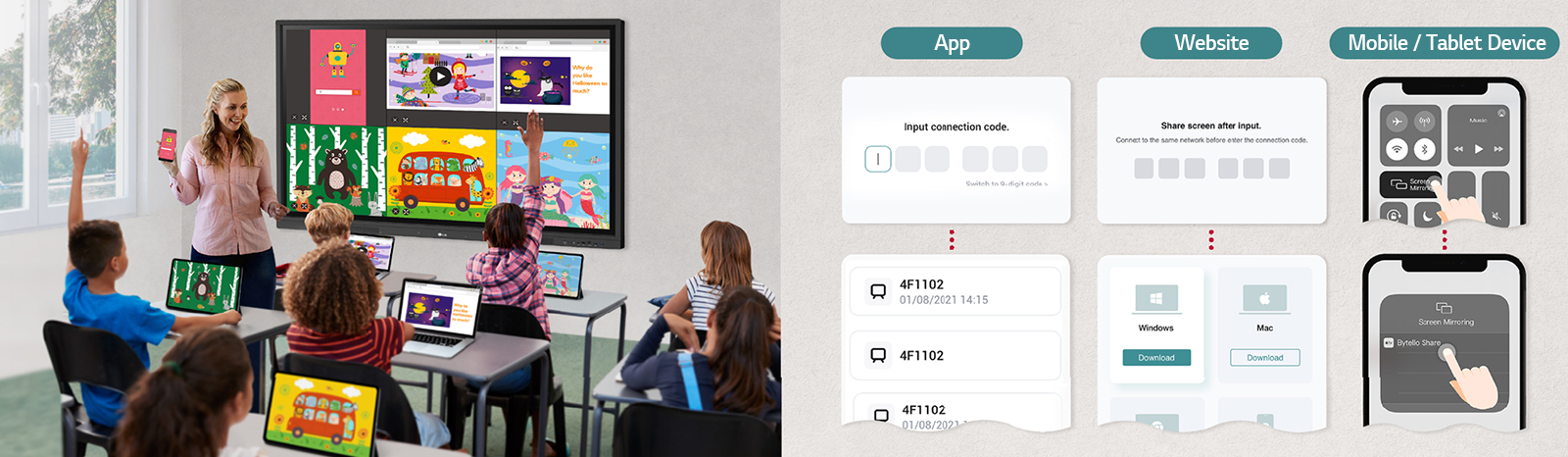O LG CreateBoard pode compartilhar telas facilmente com vários dispositivos em tempo real por meio de aplicativo e site.