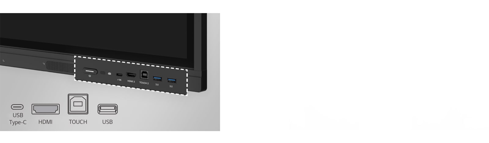 O LG CreateBoard possui portas na frente, como USB e HDMI.