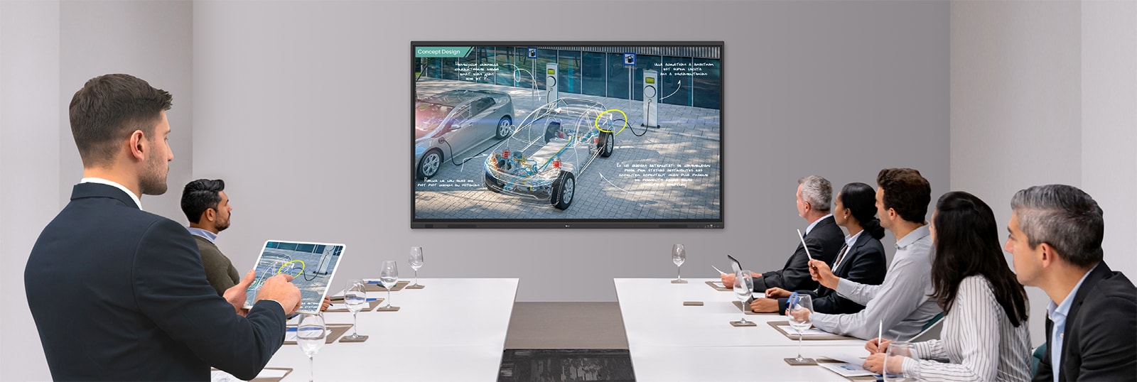 A presentation is underway in the meeting room equipped with an interactive smart board, with the presenter seamlessly controlling his materials via wireless screen sharing on his tablet.