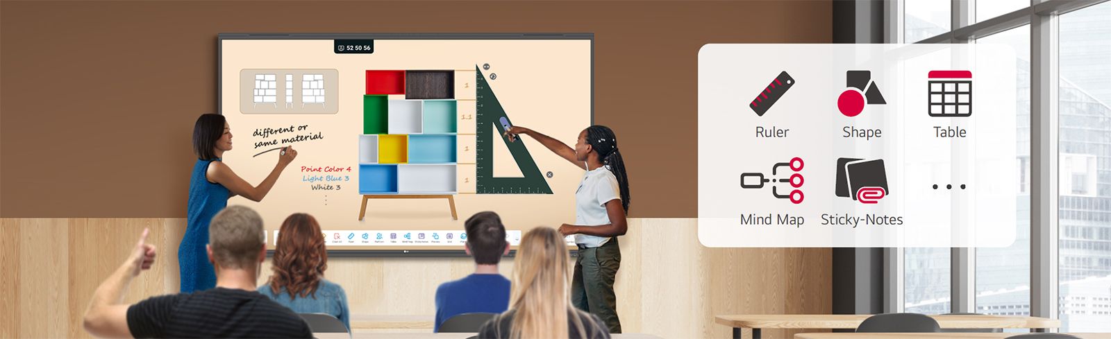 During class, one person is writing on the TR3PN screen, while another is using a tool from the menu.