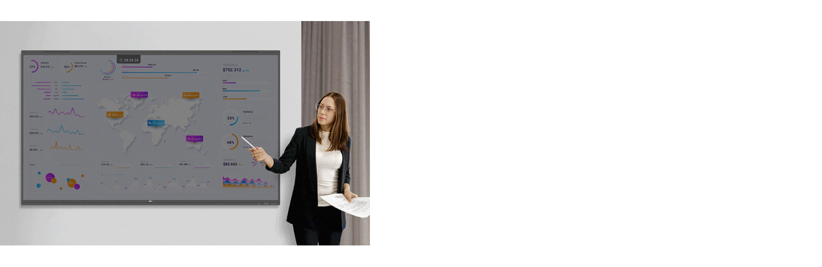 During the presentation, a woman is using the web browser feature of the TR3PN, searching in real-time, and sharing the results with others.