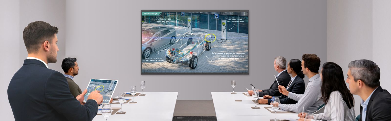 A presentation is underway in the TR3PN-equipped meeting room, with the presenter seamlessly controlling his materials via wireless screen sharing on his tablet.