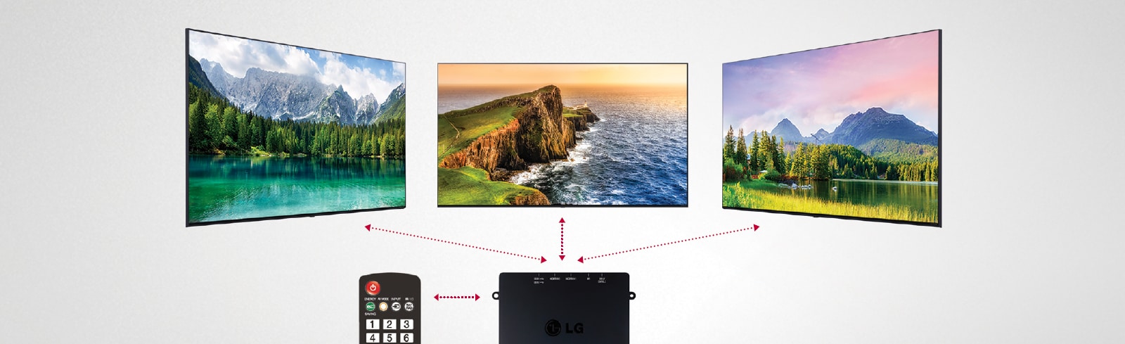 A set-top box with a remote control is controlling several LG Commercial TVs.