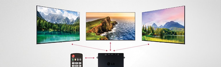 A set-top box with a remote control is controlling several LG Commercial TVs.