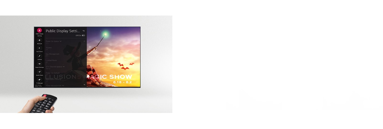 A person is controlling the TV settings with Public Display Mode (Hotel Mode).