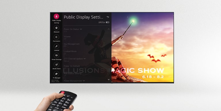 A person is controlling the TV settings with Public Display Mode (Hotel Mode).