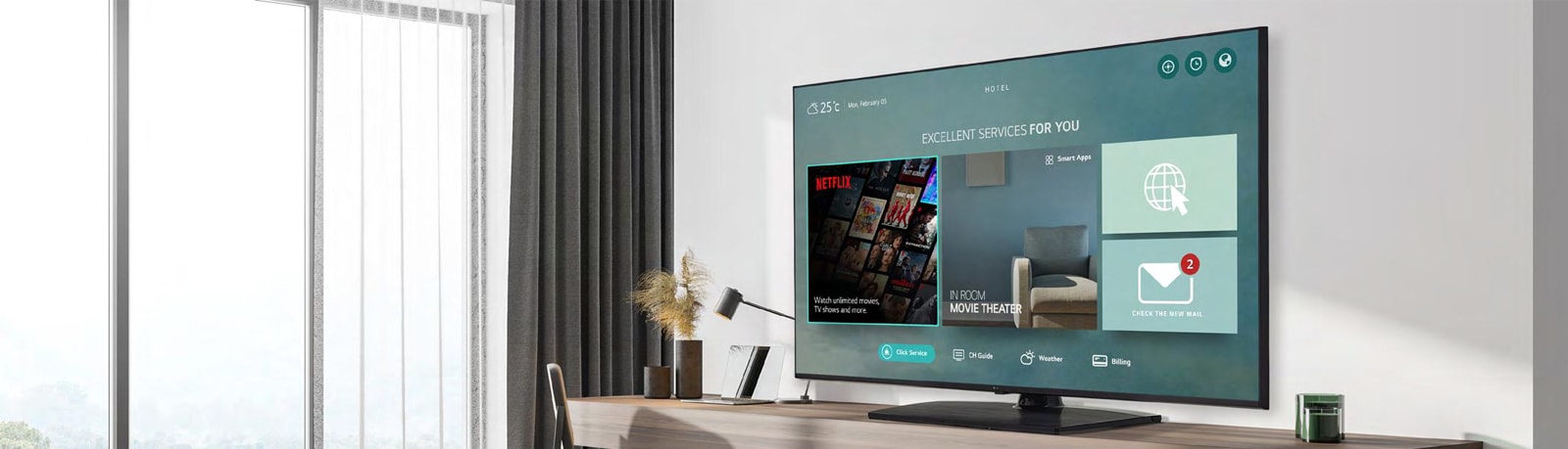 The hotel content including Netflix App is shown on TV inside the hotel room.