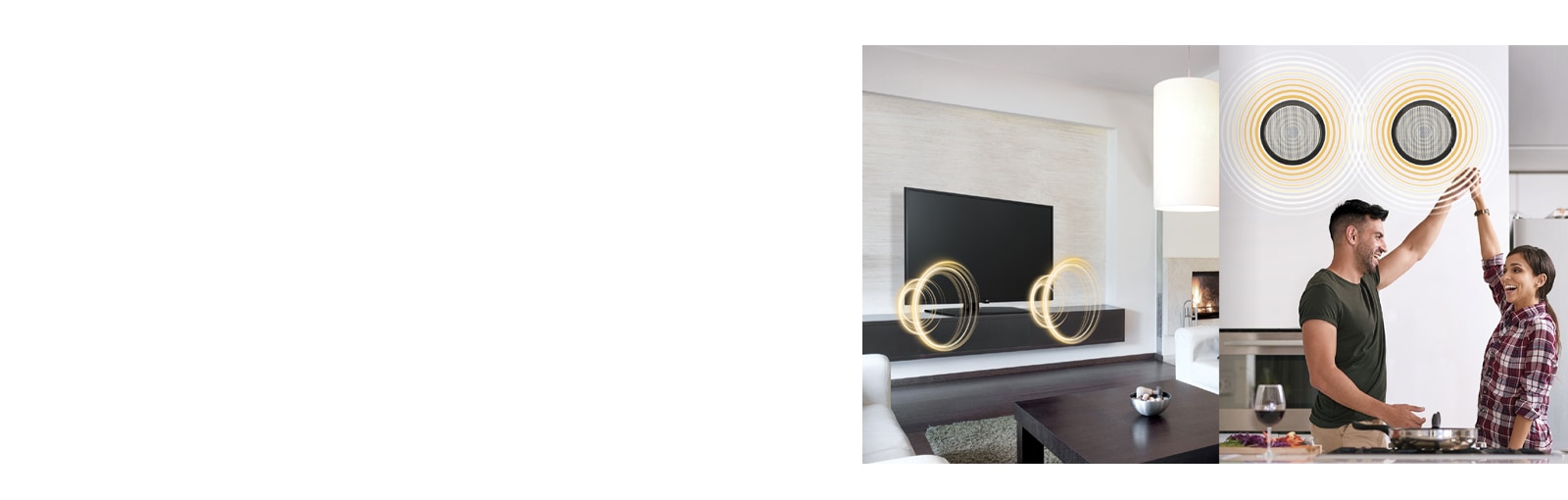 A TV is making sounds in one space, and a man and a woman are listening the sound of TV through external speakers in another space in a hotel room.