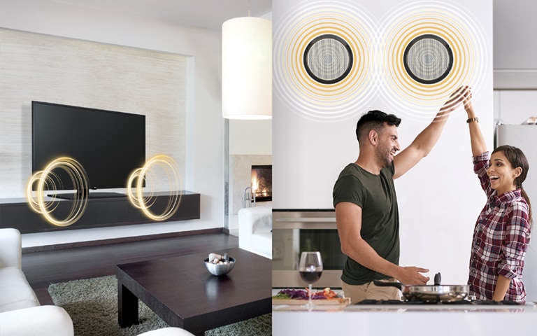 A TV is making sounds in one space, and a man and a woman are listening the sound of TV through external speakers in another space in a hotel room.