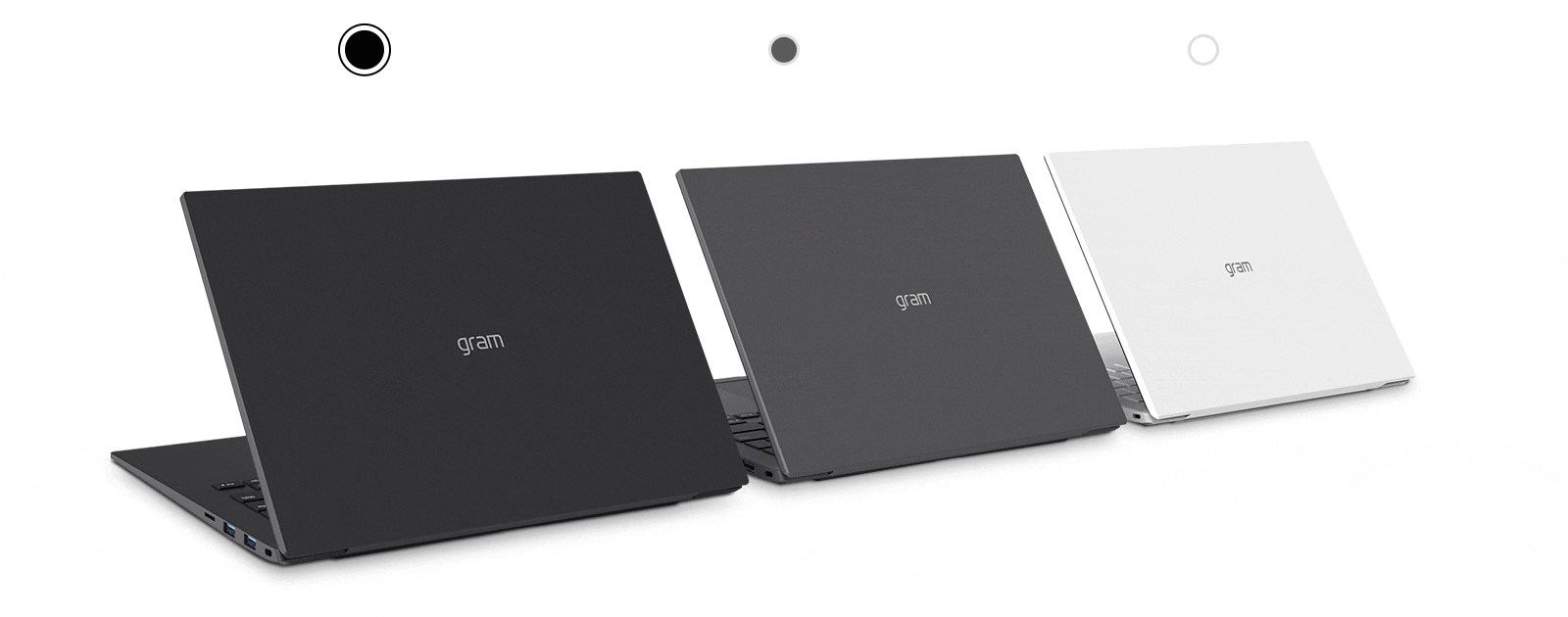 Three LG gram laptops are lined up diagonally.