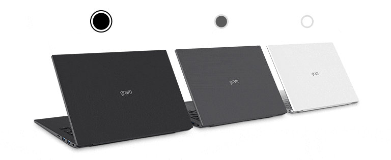 Three LG gram laptops are lined up diagonally.