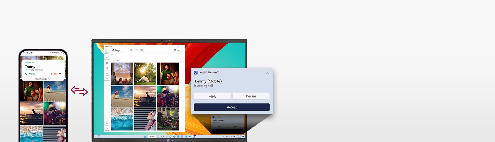 It shows that the mobile device and gram are connected to transfer files easily, send test messages, and make a phone call with gram.