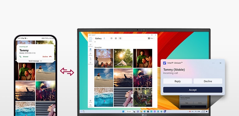 It shows that the mobile device and gram are connected to transfer files easily, send test messages, and make a phone call with gram.