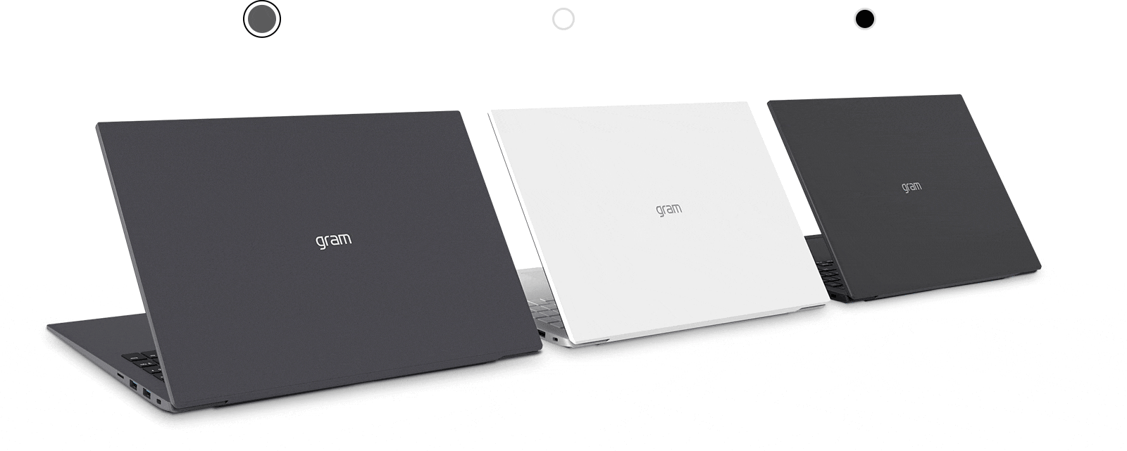 Three LG gram laptops are lined up diagonally.