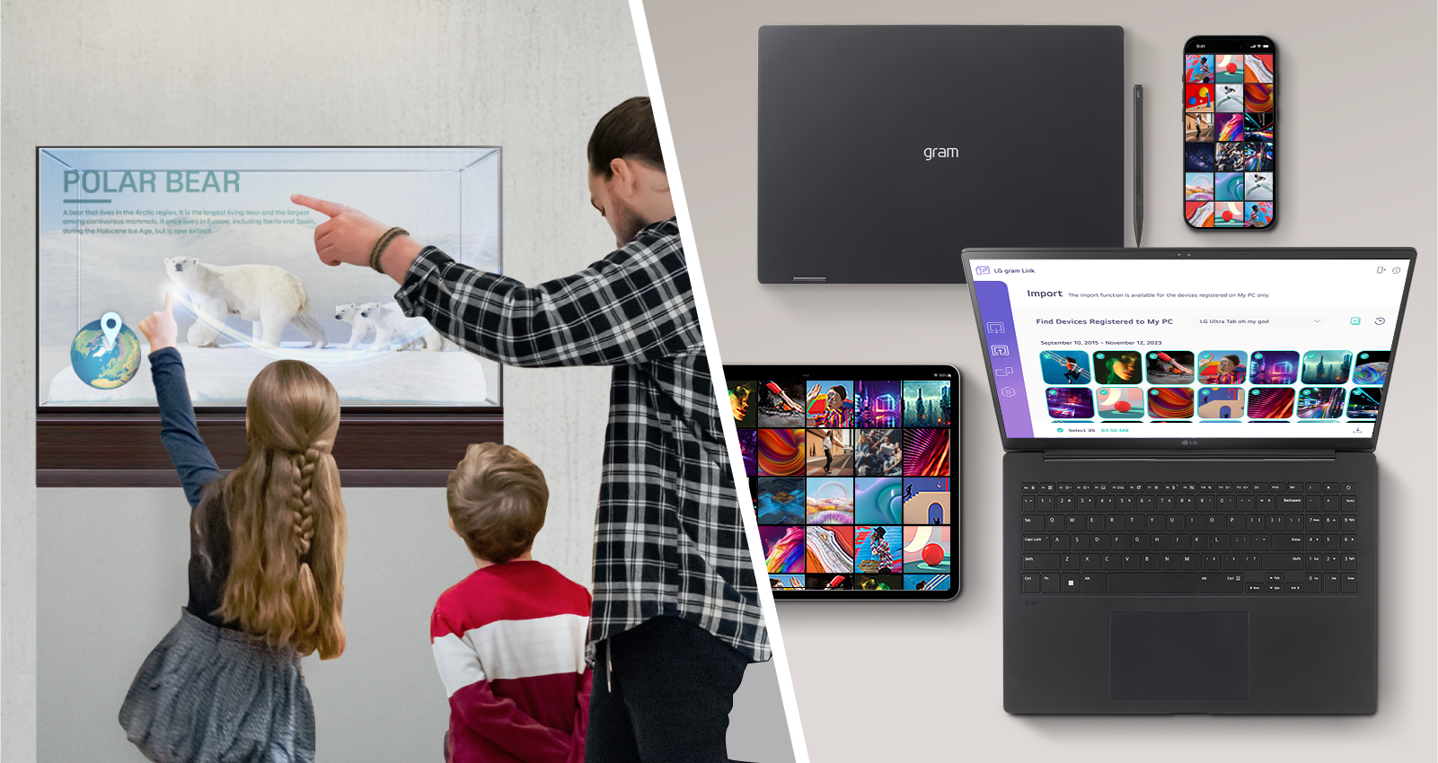 Two images are applied in a split. On the left, Transparent OLED signage is placed, and there is a scene where museum visitors are pointing at the display. On the right, there is a scene where the LG gram's gram Link is used with the LG gram, tablet PC, and smartphone.