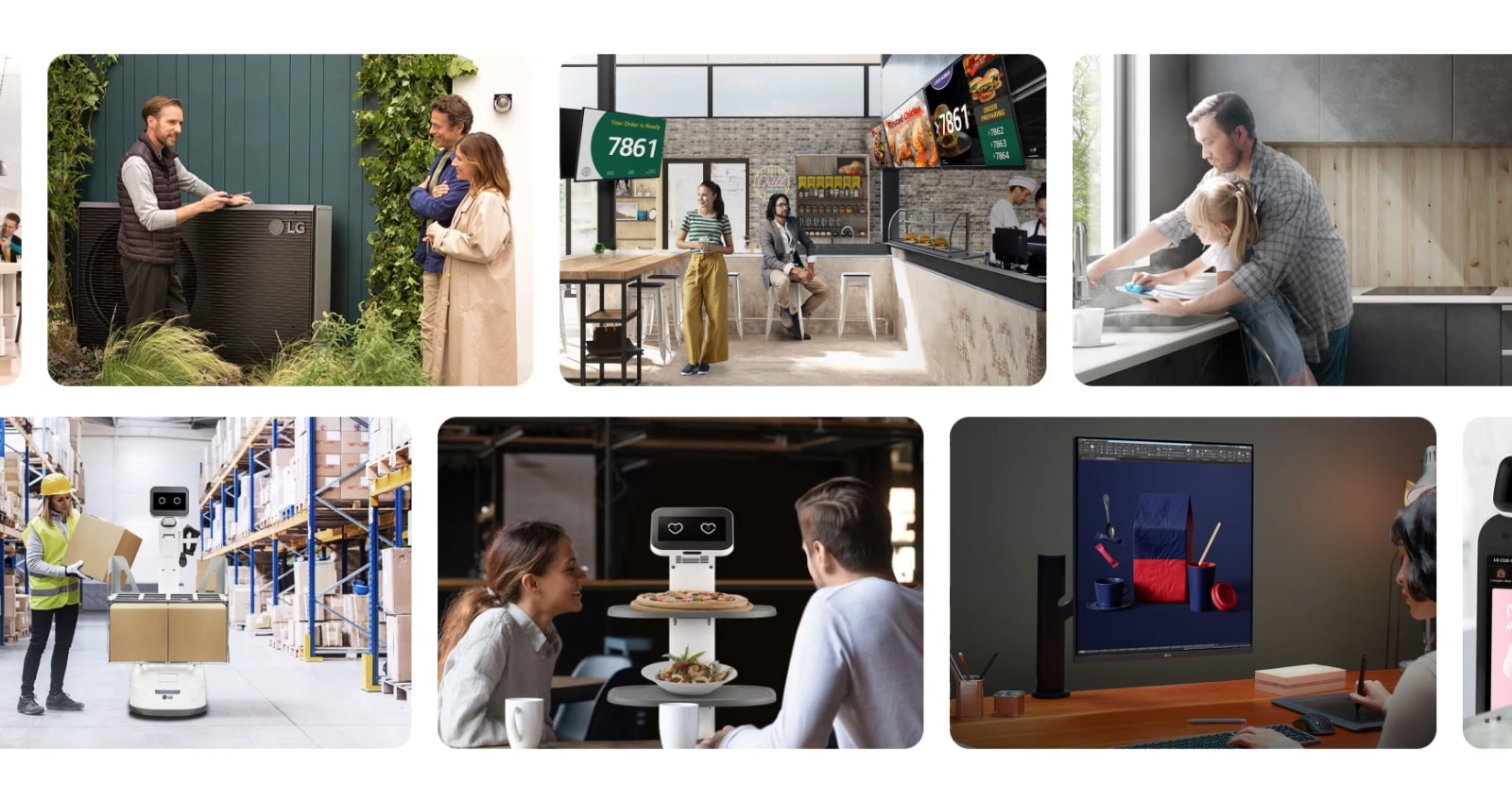 LG CLOi provides delivery and guidance services in various places such as hospitals and restaurants. LG HVAC products provide clean and refreshing air in a variety of places, including homes and hotels. LG Information Display's signage products are providing various information to customers conveniently, and the monitor and PC products of the LG Information Technology are enhancing customers' productivity and convenience.