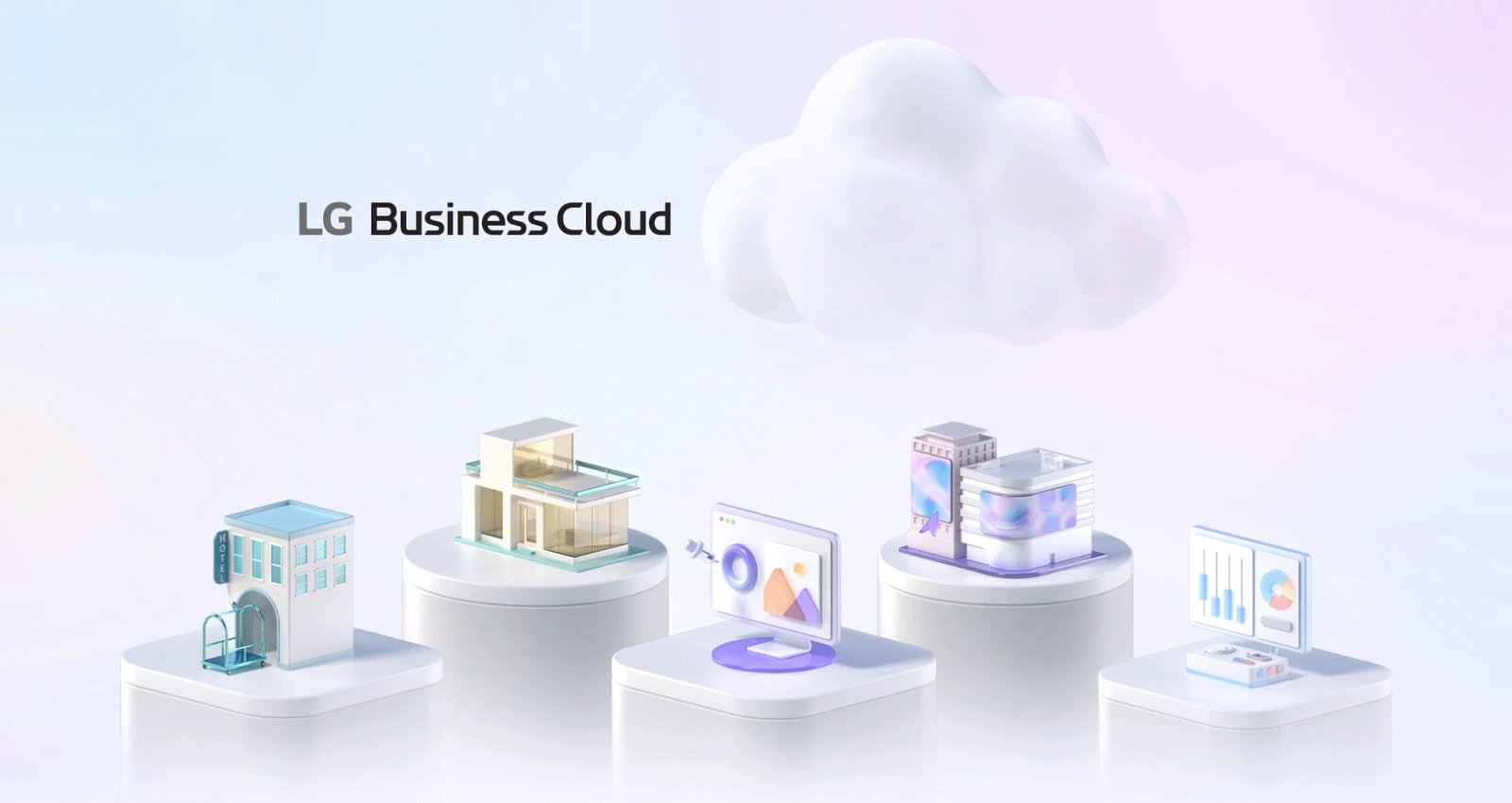 LG Business Cloud is described by a visual animation of LG Electronics' various software solutions.
