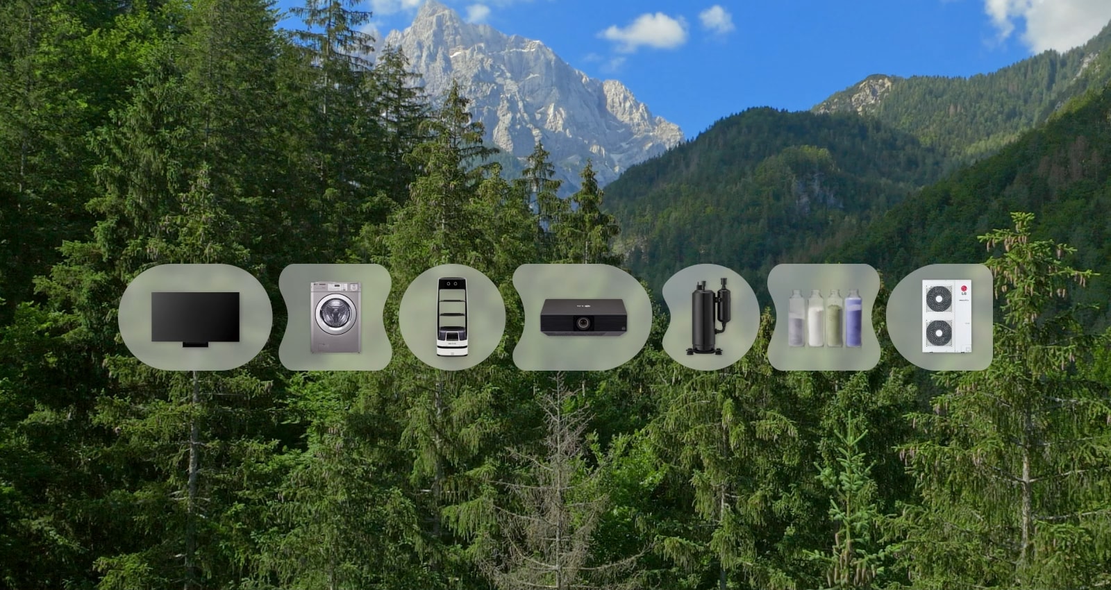 With a dense forest as a backdrop, we introduce seven product categories: Commercial display, IT Products, HVAC, Robot, Commercial laundry, Compressor & motor, and Advanced materials. Our products are built with sustainability in mind.