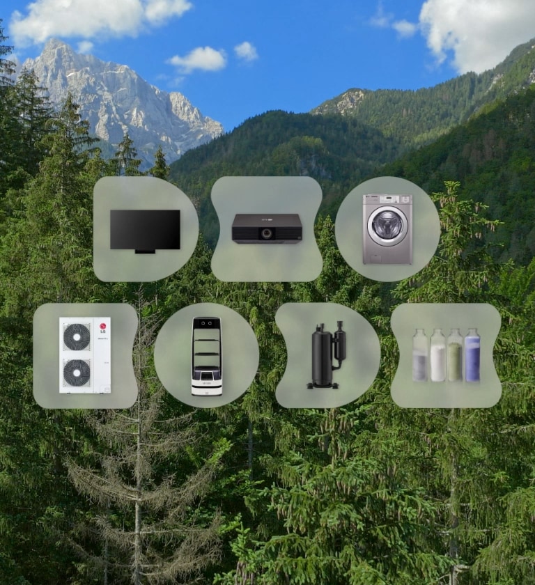 With a dense forest as a backdrop, we introduce seven product categories: Commercial display, IT Products, HVAC, Robot, Commercial laundry, Compressor & motor, and Advanced materials. Our products are built with sustainability in mind.