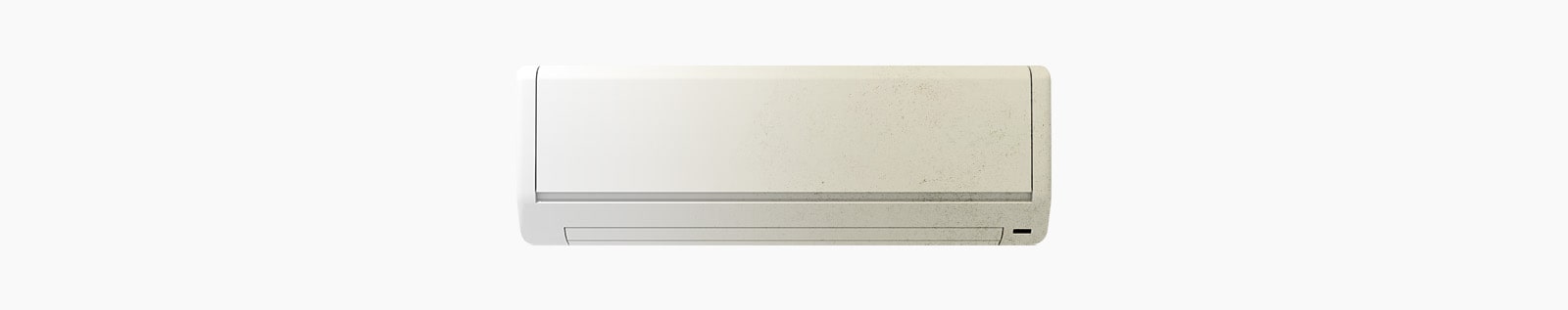 A wall-mounted air conditioner with a slightly dusty or discolored appearance, set against a plain background.