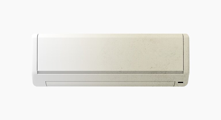 A wall-mounted air conditioner with a slightly dusty or discolored appearance, set against a plain background.