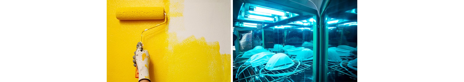 The left shows a yellow roller painting a wall, while the right displays masks being sterilized under UV light in a chamber.