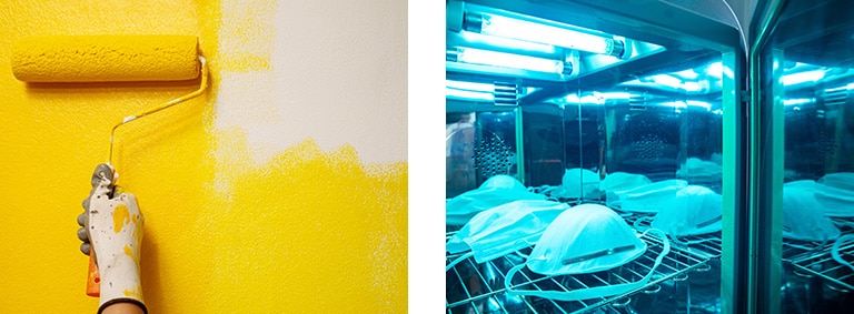 The left shows a yellow roller painting a wall, while the right displays masks being sterilized under UV light in a chamber.