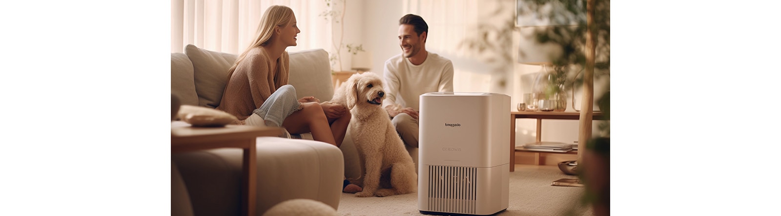 A woman and a man happily chit-chat in the living room with a dog between them. A close-up of the aircon can also be seen.  