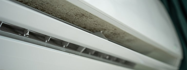 A white air conditioner with mold