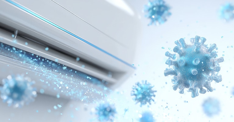 An airconditioner emitting blue particles that are enlarged into shapes of germs.