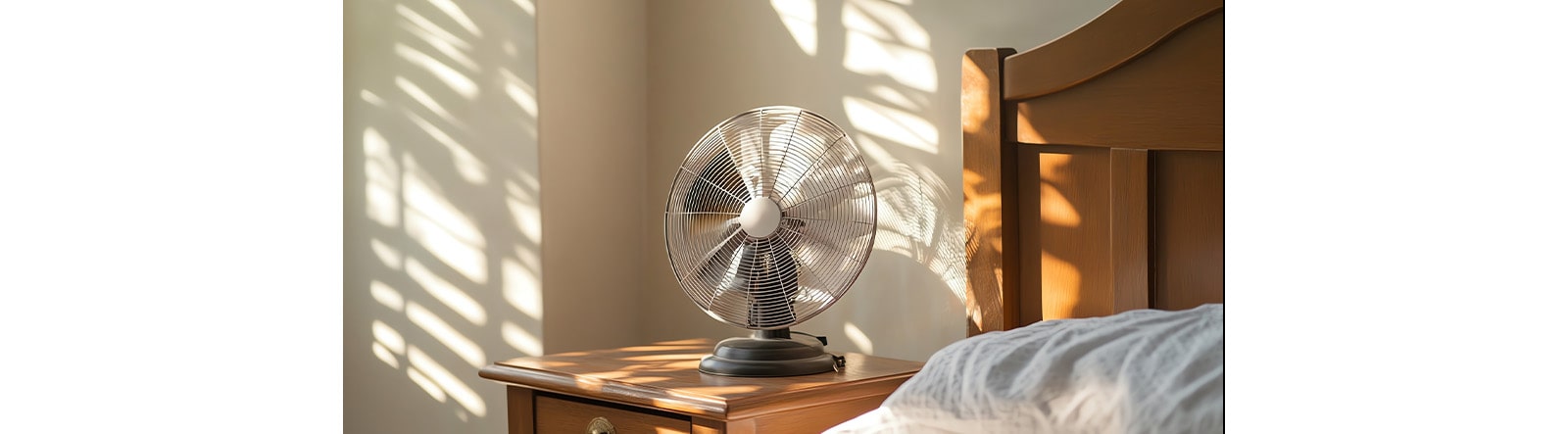 An electric fan set on a wooden table beside a bed.