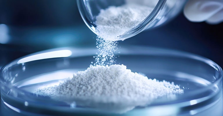 A close-up of a white, powdery substance being poured from one clear glass container into another.