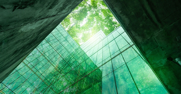 A unique low-angle perspective looking up into an urban or architectural space that ingeniously integrates nature.